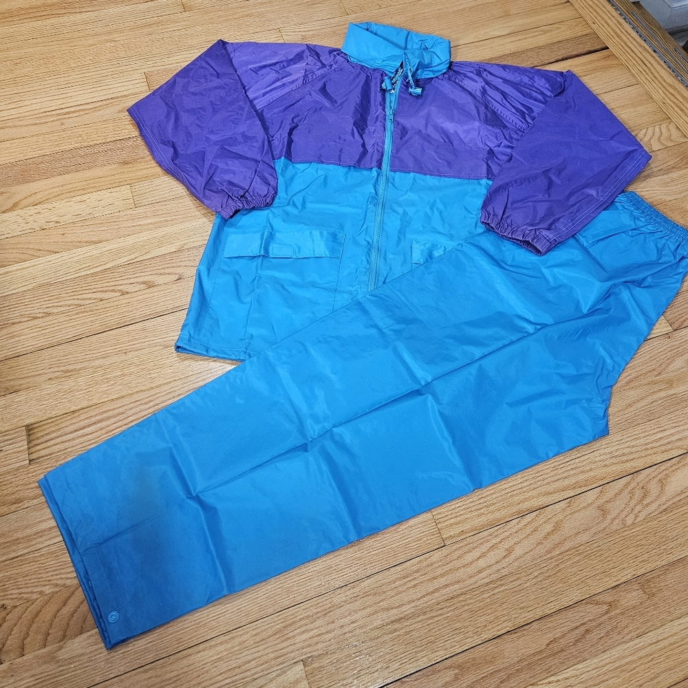 Vtg Rainfair Colorblock Nylon Rain jacket & Pants Set In Carry Bag, Size Small